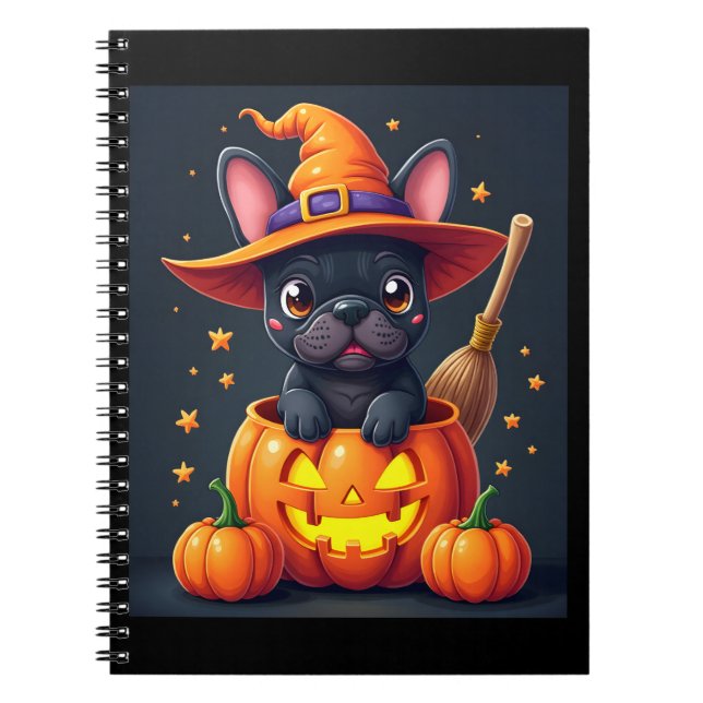 French Bulldog Witch Pumpkin Halloween Mens Womens Notebook (Front)