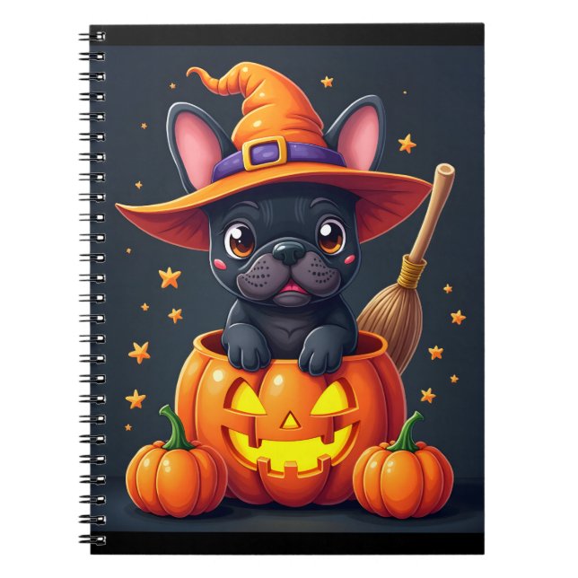 French Bulldog Witch Pumpkin Halloween Mens Womens Notebook (Front)