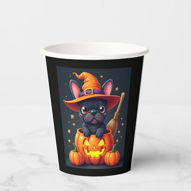French Bulldog Witch Pumpkin Halloween Mens Womens Paper Cups (Front)