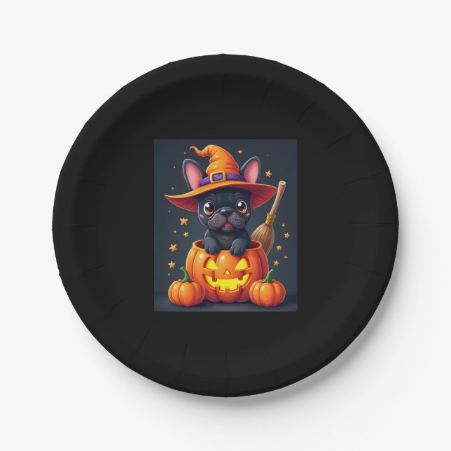 French Bulldog Witch Pumpkin Halloween Mens Womens Paper Plate (Front)