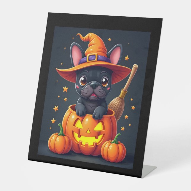 French Bulldog Witch Pumpkin Halloween Mens Womens Pedestal Sign (Front)