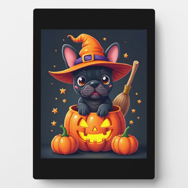 French Bulldog Witch Pumpkin Halloween Mens Womens Plaque (Front)