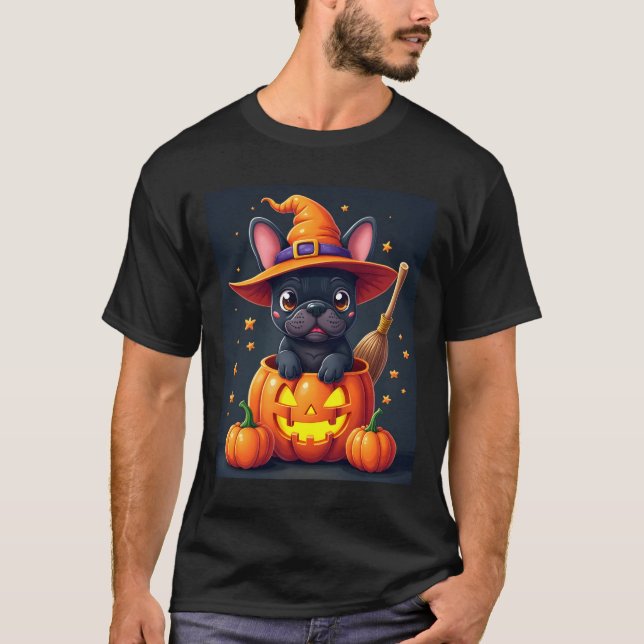 French Bulldog Witch Pumpkin Halloween Mens Womens T-Shirt (Front)