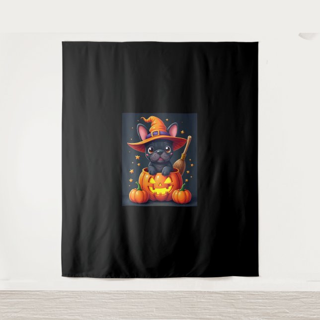 French Bulldog Witch Pumpkin Halloween Mens Womens Tapestry (Front)