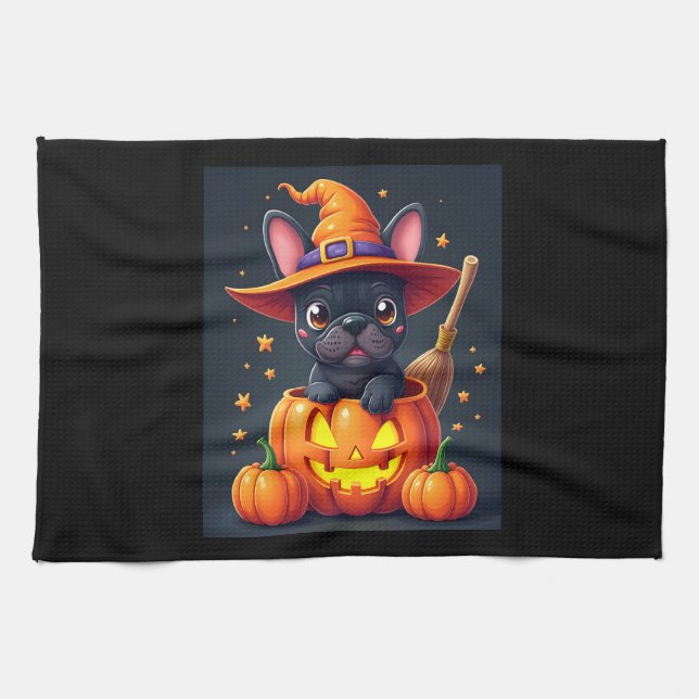 French Bulldog Witch Pumpkin Halloween Mens Womens Tea Towel (Horizontal)