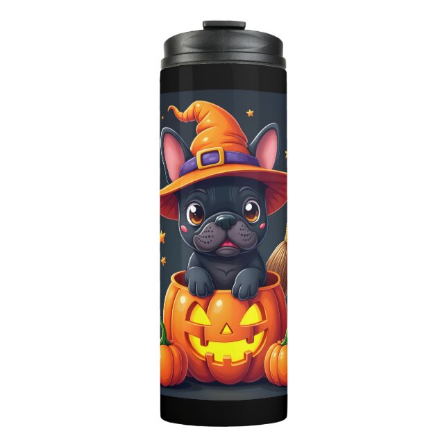 French Bulldog Witch Pumpkin Halloween Mens Womens Thermal Tumbler (Front)