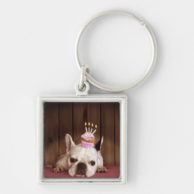 French Bulldog With Birthday Cupcake Key Ring (Front)