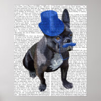 French Bulldog With Blue Top Hat and Moustache