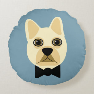 French Bulldog with bowtie blue Round Cushion