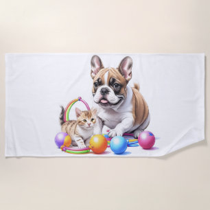 French Bulldog with cat Beach Towel