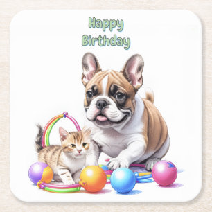 French Bulldog with cat Square Paper Coaster