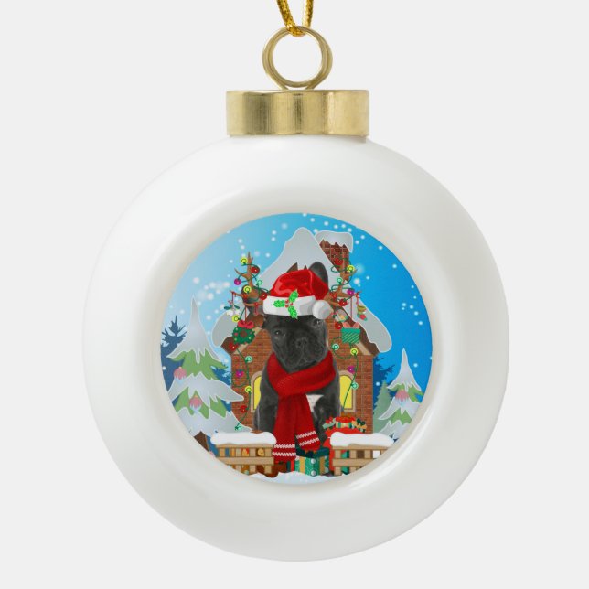 French Bulldog with Christmas gifts Ceramic Ball Christmas Ornament (Front)