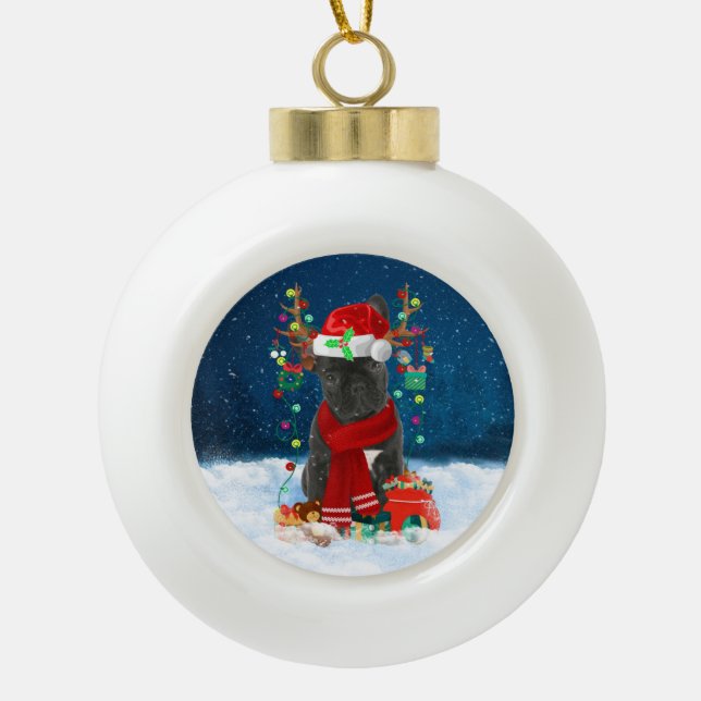 French Bulldog with Christmas gifts Ceramic Ball Christmas Ornament (Front)