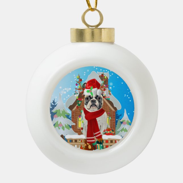 French Bulldog with Christmas gifts Ceramic Ball Christmas Ornament (Front)