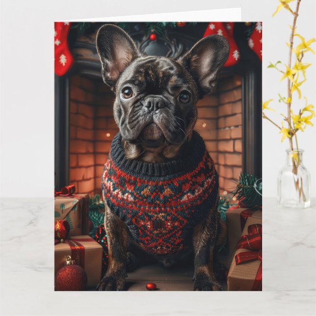 French Bulldog With Christmas Gifts Fireplace Card (Yellow Flower)