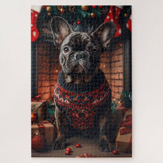 French Bulldog With Christmas Gifts Fireplace Jigsaw Puzzle (Vertical)