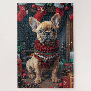 French Bulldog With Christmas Gifts Fireplace Jigsaw Puzzle