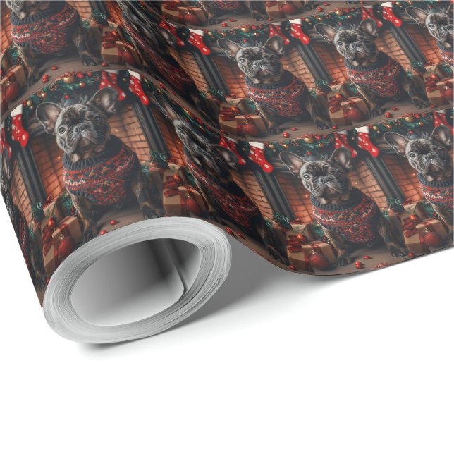 French Bulldog With Christmas Gifts Fireplace Wrapping Paper (Roll Corner)