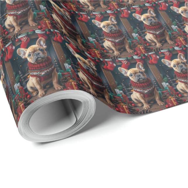French Bulldog With Christmas Gifts Fireplace Wrapping Paper (Roll Corner)
