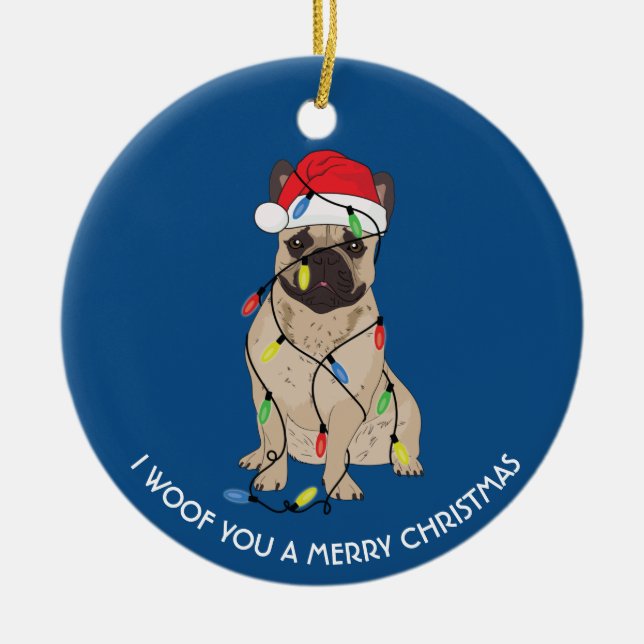  French Bulldog with Christmas lights Christmas Ceramic Tree Decoration (Front)