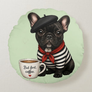 French Bulldog with coffee Round Cushion