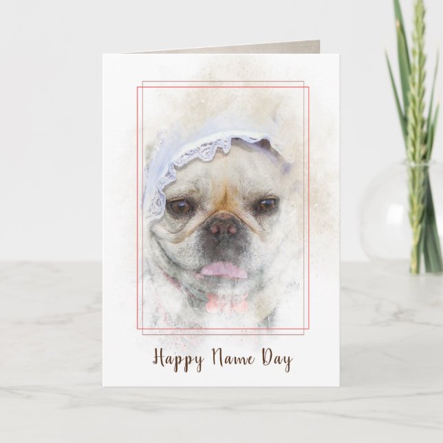 French Bulldog with Dutch lace cap Name Day Card (Front)