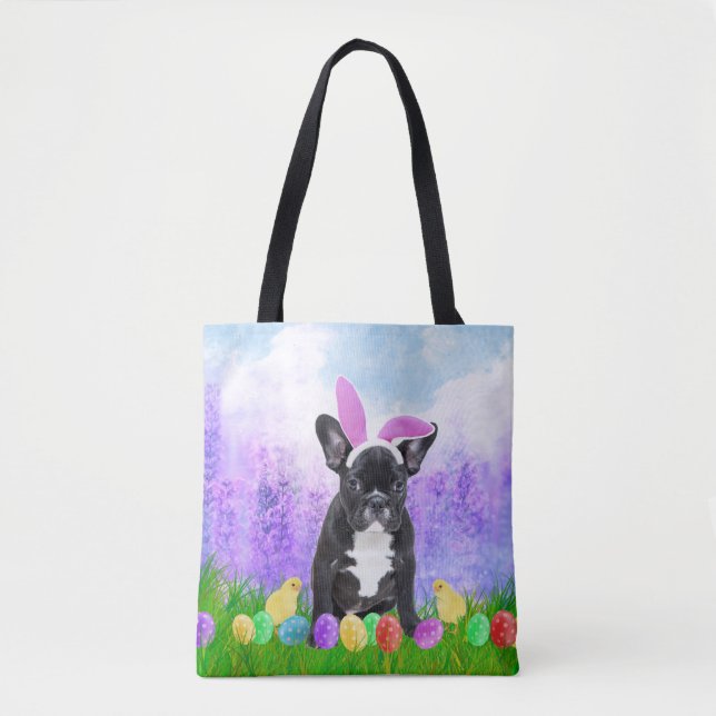 French Bulldog with Easter Eggs Bunny Chicks Tote Bag (Front)