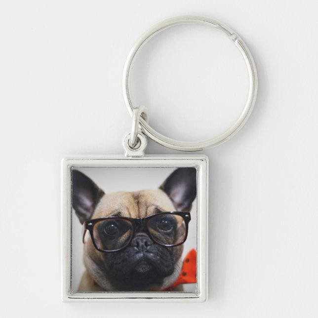French Bulldog With Glasses And Bow Tie Key Ring (Front)