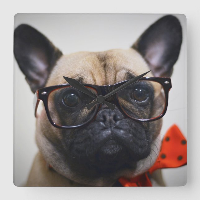 French Bulldog With Glasses And Bow Tie Square Wall Clock (Front)