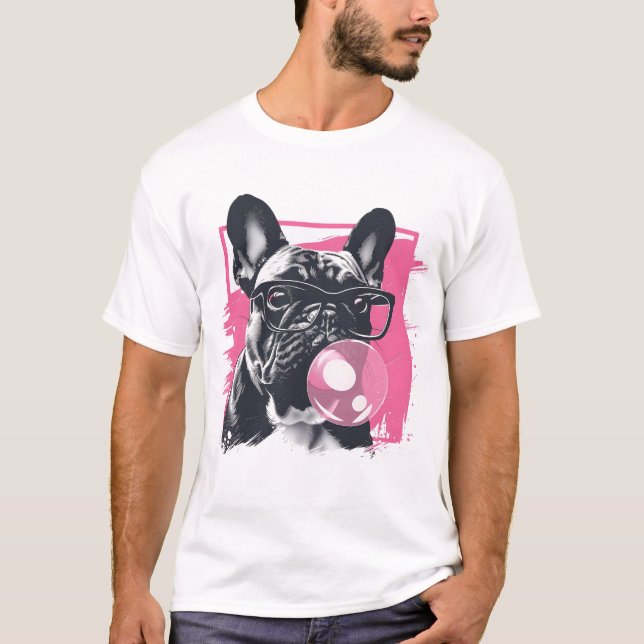 French Bulldog with glasses bubble gum T-Shirt (Front)