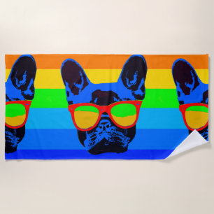 French bulldog with glasses Pop art style Beach Towel
