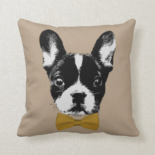 French Bulldog with Gold Bow Tie Beige Cushion