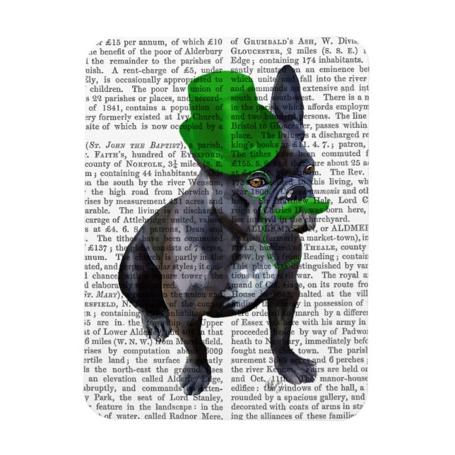 French Bulldog With Green Top Hat and Moustache Magnet (Vertical)