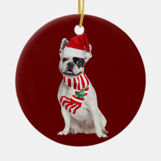 French Bulldog With Hat Scaft Christmas Ceramic Tree Decoration (Front)