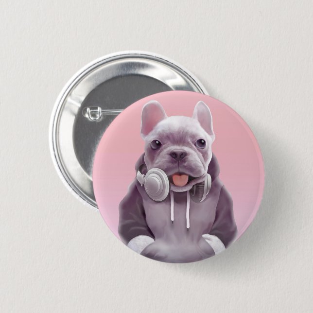 French Bulldog with Headphones Illustration 6 Cm Round Badge (Front & Back)