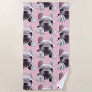 French Bulldog with Headphones Illustration Beach Towel