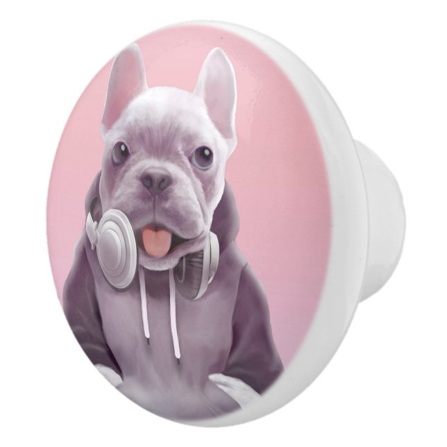French Bulldog with Headphones Illustration Ceramic Knob (Right)