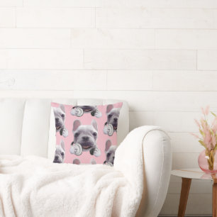French Bulldog with Headphones Illustration Cushion