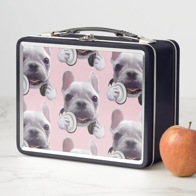 French Bulldog with Headphones Illustration Metal Lunch Box (In Situ)