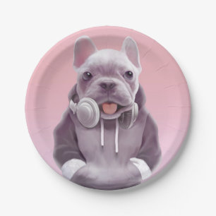 French Bulldog with Headphones Illustration Paper Plate