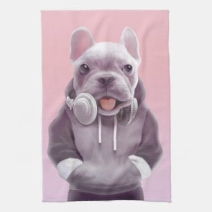 French Bulldog with Headphones Illustration Tea Towel