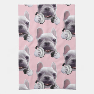 French Bulldog with Headphones Illustration Tea Towel