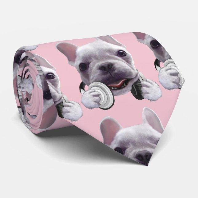 French Bulldog with Headphones Illustration Tie (Rolled)