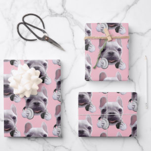 French Bulldog with Headphones Illustration Wrapping Paper Sheet