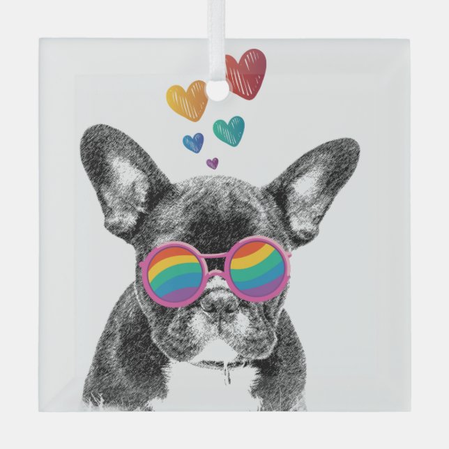French Bulldog with Hearts Valentine's Day Glass Tree Decoration (Front)