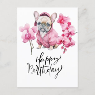 French Bulldog with orchid watercolor Birthday Postcard