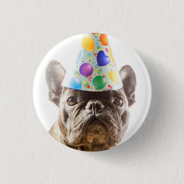 French Bulldog with Party Hat 3 Cm Round Badge (Front)