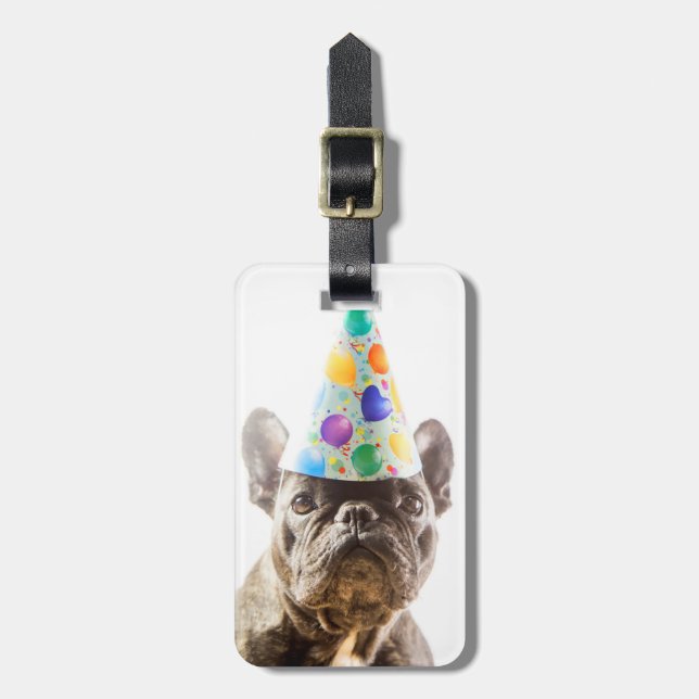French Bulldog with Party Hat Luggage Tag (Front Vertical)