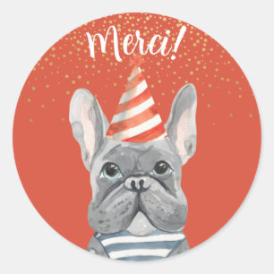 French Bulldog With Party Hat Merci Classic Round Sticker