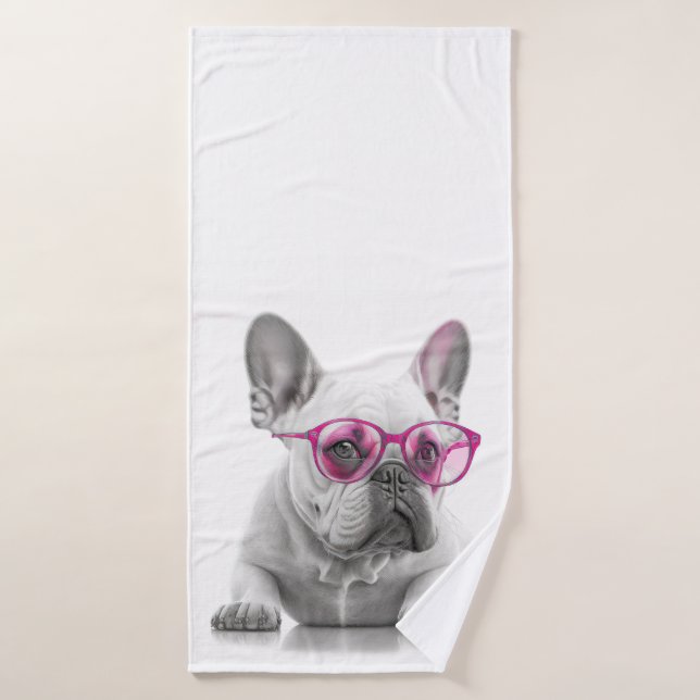 French Bulldog with pink glasses bath towel (Bath Towel)